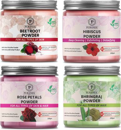 puranex 100% Natural & Pure Beetroot Powder For Pinkish, Glowing & Shiny Face & Hibiscus Powder For Deep Cleaning, Exfollating & Detoxifying & Rose Petals Powder For Pinkish, Soft, Pimple free, Extra Glowing & Shiny, Deep Cleansing Skin & Bhringraj Powder For Natural Texture,Reduce Hair Loss, Reduce Spilt Ends, Strong, Shiny & Dandruff Free Scalp & Hair (Face Pack & Hair Pack for Men & Women) 400 GM (Pack of 4) 100 GM Each