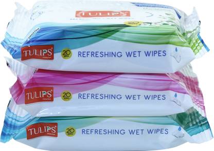 Tulips Refreshing Wet Wipes with 3 Different Fragrance - Pack of 20 Wipes Each (Japanese Cherry, Magnolia & Summer Fresh)
