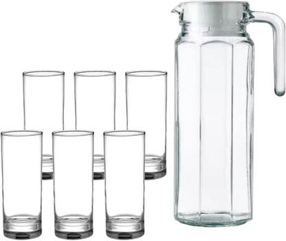 vetreo Round Shape Plain Water GLASS Long Glasses Set & Water jug with Plastic Cap Jug Glass Set
