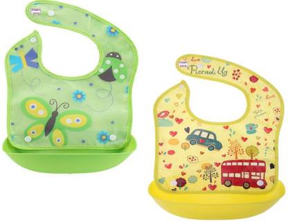 TINNY TOTS Premium Quality Baby Soft Button Feeding Cotton Bibs Fabric with PVC Back and Detachable Front Pocket Waterproof Apron Bib For Babies/Kids/Toddlers/New Borns(GREEN,YELLOW;0 Months+)