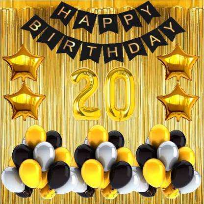 FANEX Solid No 20 Gold Foil Balloons with Happy Birthday Decoration Items or Kit Black Banner Set of 13 Letters with 30 HD Metallic Gold , Silver & Black Balloons Decoration + 4 Gold Star shape Foil Balloons for Party Decoration for Boys ,Girls & Kids + 2 Gold Fringe Curtains + 20th Birthday or 20th Year Birthday Gold Foil Balloons Balloon