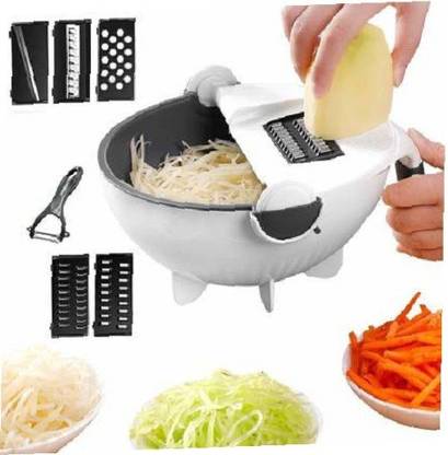 rcare collection Wet Basket Vegetable Cutter - Multi-Function Vegetable Cutter with Drain Basket Magic Rotate Vegetable Cutter - White Vegetable & Fruit Grater & Slicer Vegetable & Fruit Chopper