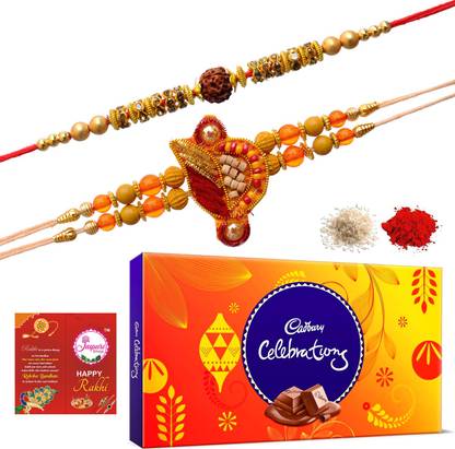 Jaipuri Shop Cadbury Celebrations Chocolate Box 127gm With Multicolor Traditional Rudraksha-Chandan 2 Rakhi Set Combo
