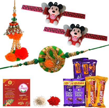Jaipuri Shop Chocolicious Gift Hamper 4 Cadbury Dairy Milk and 5 Star Hamper With Multicolor Fancy Bhaiya-Bhabhi With Mickey Mouse Kids 4 Rakhi Set (4DAIRY2STR13b_5-1BBSET2KIDMIKII) Cotton Gift Box