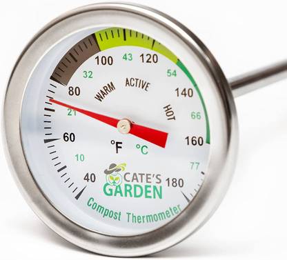 Cate's Garden Compost Thermometer - Premium Stainless Steel Bimetal Thermometer for Backyard Composting - 2 Inch Diameter Fahrenheit / Celsius Dial, 20 Inch Temperature Probe Pin-Type Analog Moisture Measurer