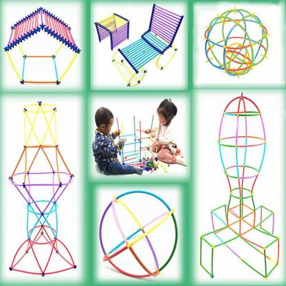 hinik Building Construction Puzzle Children's Puzzle Straw Blocks Pipette Stitching Assembly Straw Build Blocks Creative Toy- Multi Color- Straw kit with 50 Straws, and 50 Straw