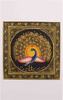 Tribes India Jaipur Handmade Black Golden Peacock Miniature Painting Natural Colors 7 inch x 7 inch Painting