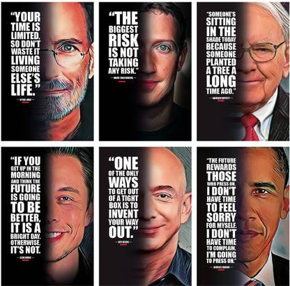 Motivational Wall Posters and Inspirational Quotes for Office, Home and gym, (Steve Jobs, Barack Obama, Elon Musk, Warren Buffett, Mark Zuckerberg, Jeff Bezos) Pack of 06 Paper Print
