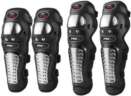 FABSPORTS Pro-X Alloy Stainless Steel Knee & Elbow Guard, Flexible Breathable Adjustable Knee Shin Armor Elbow Protector for Bikers and Riders (Black) Elbow Guard, Shin Guard Free Black, Silver