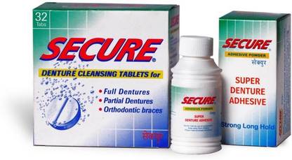 SECURE Denture Adhesive Powder 20 gms ( with Denture Cleansing 32 Tablets ) Toothpaste