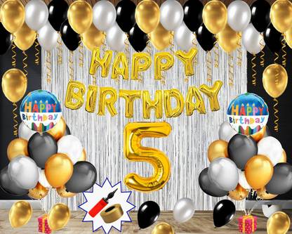 Party Station Solid Pack of 65 pcs - 1 set of Golden Happy Birthday Foil Balloon + 45 pcs of Black, Silver & Golden Metallic Balloons + 2 Silver Shimmer/Curtain + 2 pcs of Round Happy Birthday Foil Balloon + 1 pc of 32 inch 5 Number Foil Balloon + 1 Air pump & Golden Curling Balloon