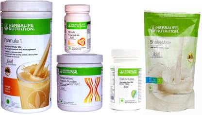 HERBALIFE Weight Loss Extra Delicious Combo With ( Formula 1 Nutritional Shake Mix - Orange Cream Flavor + Personalized Protein Powder 200 Gram + Afresh Energy Drink Mix - Ginger Flavor + Shake Mate Milk Powder - Vanilla Flavor + Cell U Loss Tablets With Corn Silk Extracts ) For Fast Weight Loss With Super Taste Combo