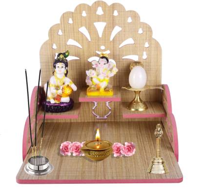 DODGE 'N WOLVES Tan color Table top Easy Folding MDF Solid Wood Home Temple wooden pooja mandir for home office shop with shelf / home decor / wooden mandir / puja mandir for home / pooja cabinet / pooja shelf / wall mounted pooja shelf / pooja rack Engineered Wood Home Temple
