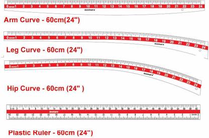 PMW Tailoring Scale Set of 4 - Arm Curve 60 cms 24" - Leg Curve 60 cms 24" - Hip Curve 60 cms 24" - Ruler 60 cms 24" Tailor Chalk