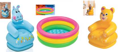DINAARKAN COMBO OF 2 FEET BATH TUB AND 2.5 FEET INFLATABLE HIPPO AND TEDDY CHAIR