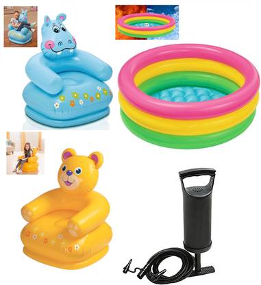 DINAARKAN COMBO OF 2 FEET BATH TUB AND 2.5 FEET INFLATABLE HIPPO AND TEDDY CHAIR WITH AIR PUMP