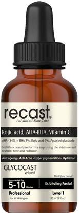 recast Kojic acid 5%, AHA 34% , BHA 2%, Vitamin C Peeling Solution - Glycocast gel peel formula - Anti ageing | Acne | Pigmentation | Scarring - 30ml