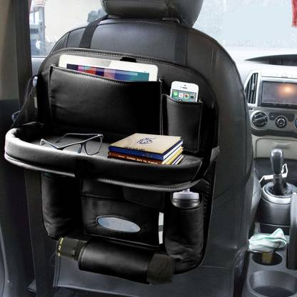 Alisan PU Leather Seat Back Organizer Multi Pocket with Tray Travel Storage Bag (Black) Car Storage Bag & Bin