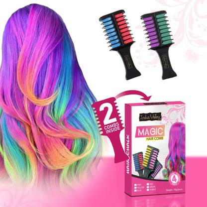 Indus Valley Magic Hair Comb - Temporary Instant Hair Color Chalks with 4 Colours - Blue, Red, Green Purple , Multi-coloured