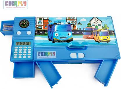 CHIRPLY JUMBO BUS CALCULATOR Box with NAVIGATION COMPASS, 2-Sided Multi-Button Case for School, Birthday Gift for Kids Art Plastic Pencil Box