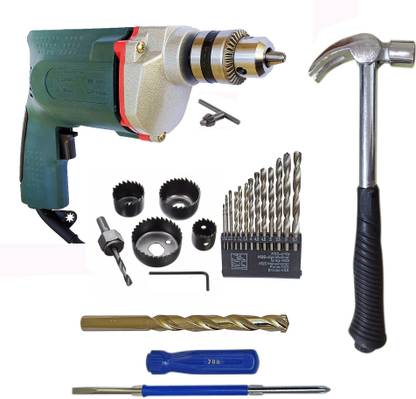 Inditrust 10mm Electric drill machine 350W with 6pc hole saw 13pc HSS 1pc Claw Hammer 1pc Masonry bit and 2in1 Screwdriver set Pistol Grip Drill