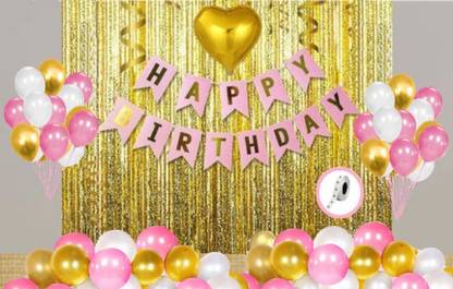 Agk Printed Happy Birthday Printed Pink Banner 13 Letter Combo of 47 Pcs| 2 Pcs Gold Fringe Shiny Curtains | 30 Pcs Pink, Gold and White Metallic Balloons |1 Pcs Golden Heart Foil | 1 Pcs Glue Dots Roll (Combo Of 47 Pcs for Birthday Decoration) Balloon