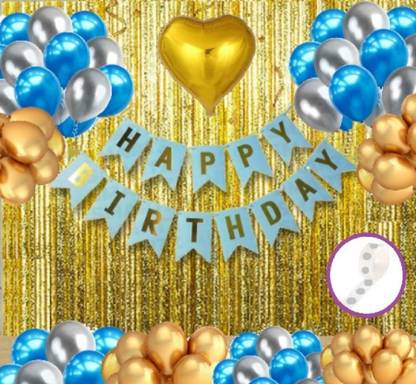 Agk Printed Happy Birthday Printed Blue Banner 13 Letter Combo of 47 Pcs| 2 Pcs Gold Fringe Shiny Curtains | 30 Pcs Blue, Gold and Silver Metallic Balloons |1 Pcs Golden Heart Foil | 1 Pcs Glue Dots Roll (Combo Of 47 Pcs for Birthday Decoration) Balloon