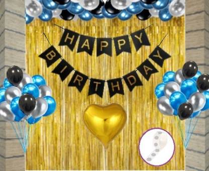 Agk Printed Happy Birthday Printed Black Banner 13 Letter Combo of 47 Pcs| 2 Pcs Gold Fringe Shiny Curtains | 30 Pcs Blue, Silver and Black Metallic Balloons |1 Pcs Golden Heart Foil | 1 Pcs Glue Dots Roll (Combo Of 47 Pcs for Birthday Decoration) Balloon