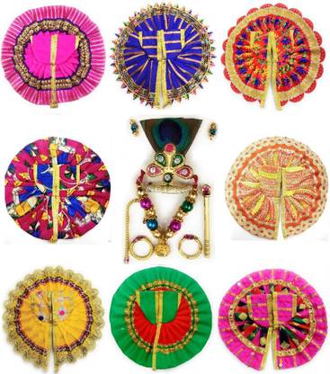 Suparia's Size 1 & 2 no. Laddu Gopal Dress (6 inch) - Combo Set of 8 with Mukut Mala Shringar (Multicolor) Dress