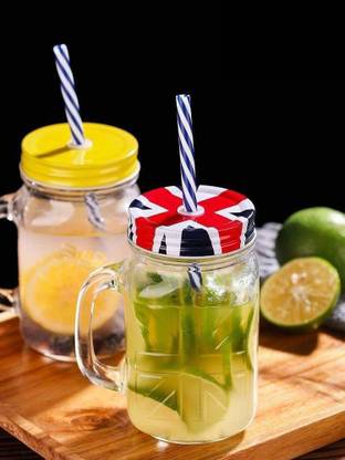 Meldique Juice Cup Glass Milkshake Cups for Juices Glass with Lid and Straw with Handle Glass Mason Jar