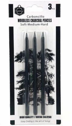 Funity Black Charcoal Pencils, 3 Piece. Features 3 Grades of Charcoal Including Soft, Medium and Hard.