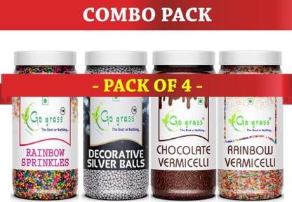 GO GRASS Combo of (Rainbow & Chocolate) Vermicelli 150 + 150 GRAM EACH | & Rainbow Sugar Balls + Silver Balls Topping 200 + 200 GRAM EACH ( Pack of 4 ) TOTAL 700 grams Sprinkles