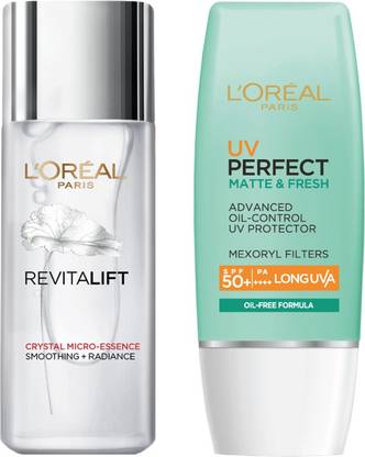 L'Oréal Paris Aditi's Skincare favourites Kit: Revitalift Crystal Micro essence 65ml + UV Perfect Matte & Fresh