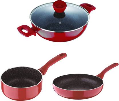 BERGNER Bellini Plus 4 Pcs Cookware Set - 20cm Kadai with Lid, 18cm Frypan, 16cm Saucepan Induction Bottom Non-Stick Coated Cookware Set