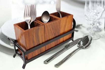 opoint OP-06 Wooden Cutlery Holder/Cutlery Rack for Dining Table with 3 Wooden jar and one Wrought Iron Stand (Black and Brown) Spoon Rack