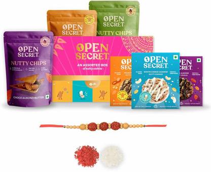 OPEN SECRET Rakhi Snacks Gift Hamper | 1 Assorted Chocolate Cookies Gift Box + 3 Packs of Nutty Chips + 3 Cookie Tiffin Packs + Roli Chawal (Tikka) + Moli Thread | Healthy Gift for Brothers Combo