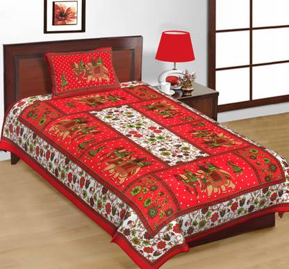 Pink City 144 TC Cotton Single Jaipuri Prints Flat Bedsheet