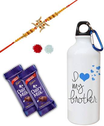 Cadbury I love my brother printed 750 ml sipper bottle with swastik rakhi with roli tilak pack combo Combo