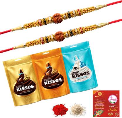 Jaipuri Shop Hershey's Kisses Pack 3 X 36G Chocolate With Traditional Rudraksha 2 Rakhi Set - KESSE5_2RUD Combo