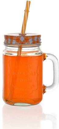 PAWNAM Mason Glass Jar with Reusable Straw For Beverages, Fruit Juices On Party (1 piece, Random color, 500 ml) Glass Mason Jar
