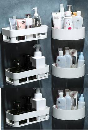 VRAVMO Bathroom & Kitchen Accessories Wall Shelves Corner Shower Caddy Suction Cup NO-Drilling Removable Bathroom Shower Shelf Heavy Duty Max Hold 3 KG. Caddy Organizer Waterproof & Oilproof Shower Corner Rack with Strong Magic Adhesive Sticker (3 Bathroom Shelves + 3 Corner Triangle Shelves) Plastic Wall Shelf