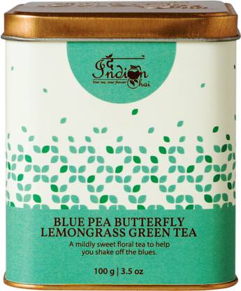 The Indian Chai Blue Pea Butterfly Lemongrass Green Tea 100g for Eyesight, Hair & Skin, Detox and Blood Sugar Lemon Grass Herbal Tea Tin
