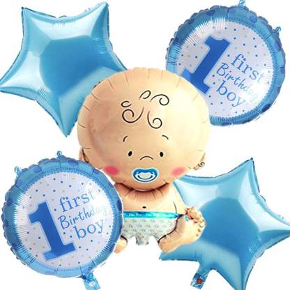 Wonder Printed First Birthday Boy Decoration Kit 5 Pc, 1 Baby Foil Balloon, 2 Blue Star, 2 Printed Round Foil Balloon for First Birthday boy Balloon