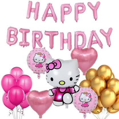 Wonder Printed Hello Kitty Balloon Decoration Kit Pink HBD Foil Balloons, 40 Metallic Pink Gold Balloon for Girls, Kids Set of 58 Balloon