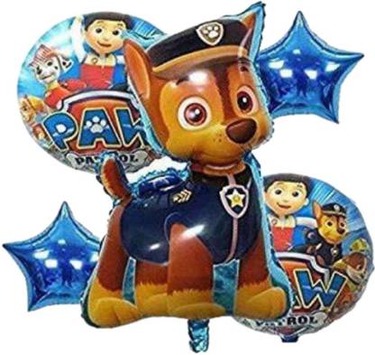 Wonder Printed Paw Patrol Chase Balloon for Kids Birthday, 5 Pc Set, 1 Chase, 2 Blue Star, 2 printed Paw Patrol Round Foil Balloon Balloon