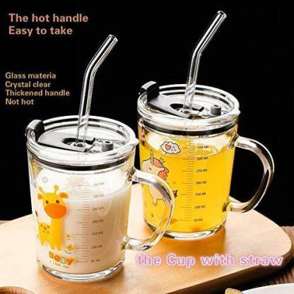 NXTMET Random Design Glass Straw Measuring Drinking Cup with Straw and Handle 350 ml (Pack of 4) Glass Coffee Mug