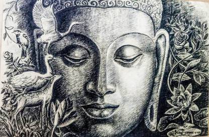 Mane Art Gallery Buddha B8 Charcoal Sketch High Quality Digital Print on Canvas of Original Art painting work Digital Reprint 24 inch x 18 inch Painting
