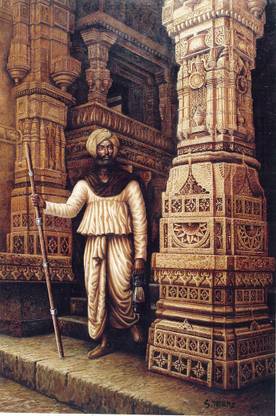 Mane Art Gallery Old Indian Temple Guard High Quality Digital Print on Canvas of Original Art painting work Digital Reprint 30 inch x 24 inch Painting