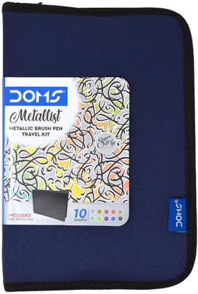 DOMS Metallist Series Metallic Brush Pen Travel Kit in Zip Case | 10 Assorted Shades of Metallic Brush Pen | 1 Sketch Pad