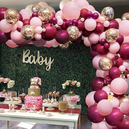Bash N Splash Solid Burgundy & Light pink Balloon Garland Party Decoration Pack With confetti balloon pump glue dot arc (Pack of 119)) Balloon